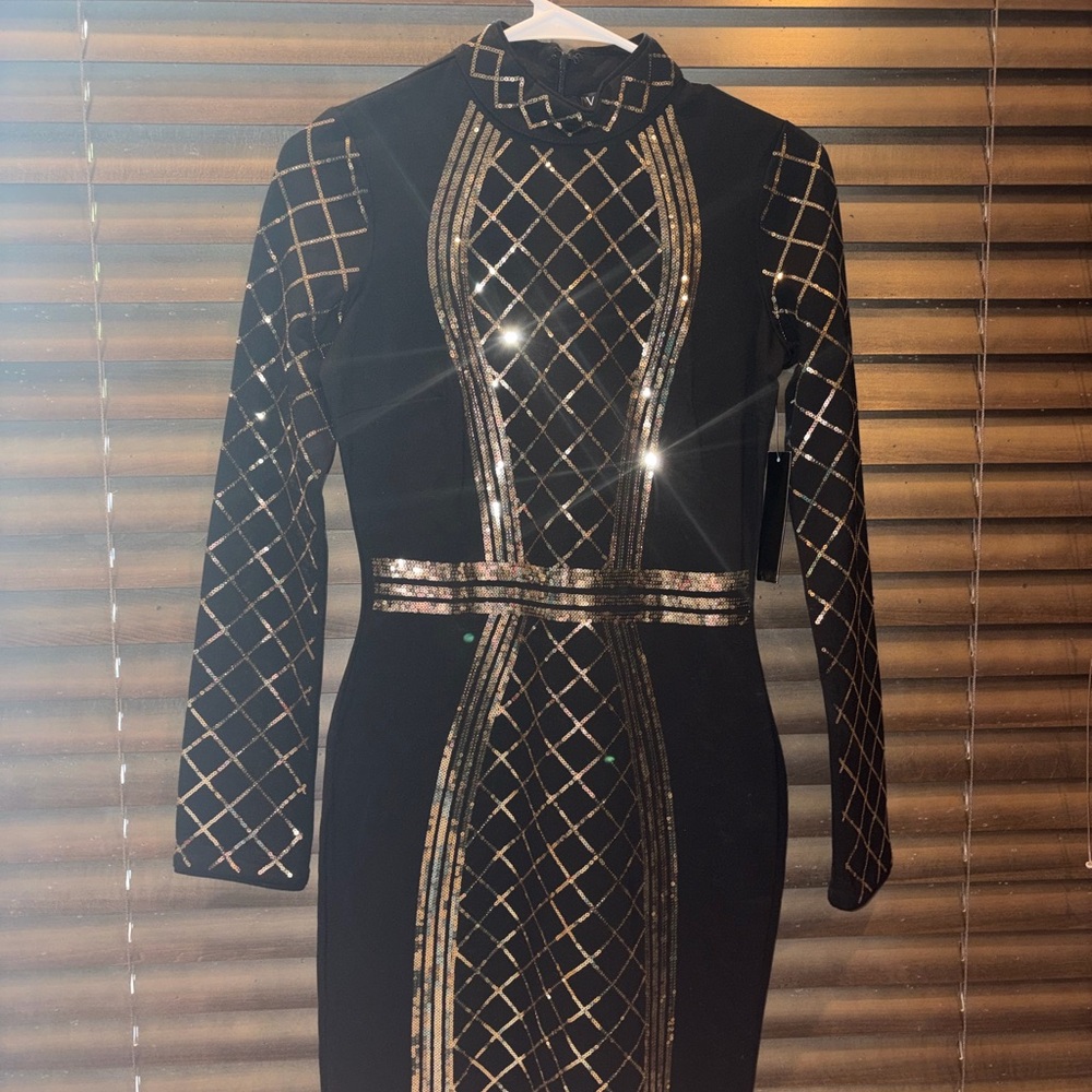 VENUS Black Long Sleeve Dress with Gold Lattice Details